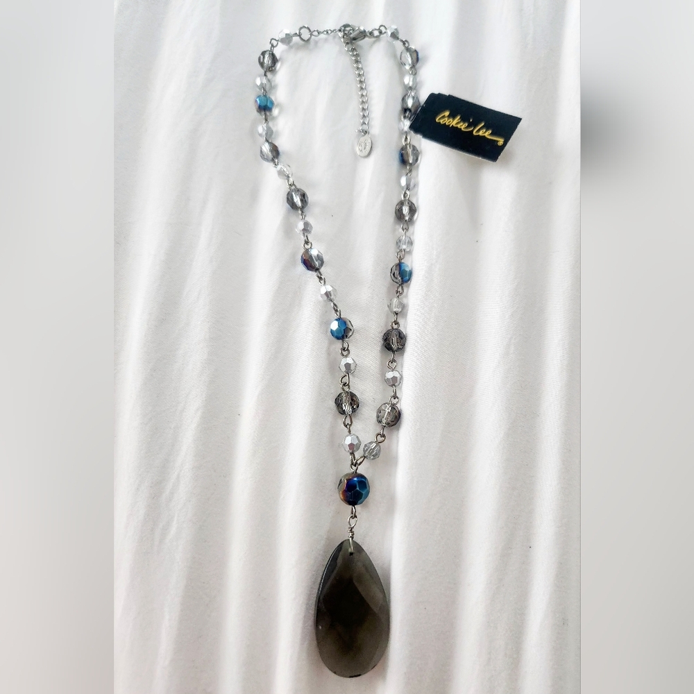 Cookie Lee Silver and Blue Necklace with Faceted Pendant